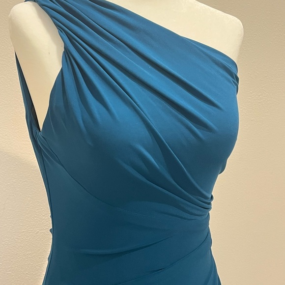 Deep Teal Blue One-shoulder Cocktail Dress w/ Jewel Accent, Side Ruched Size 4 - Picture 5 of 8